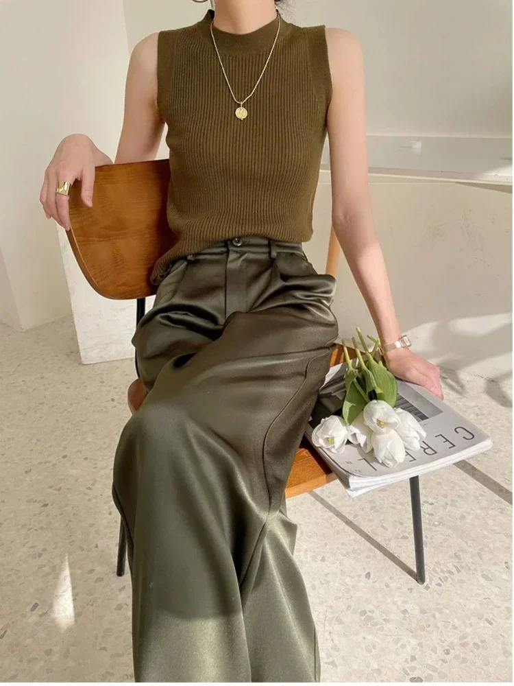 Spring Summer Women's High Waist Wide Leg Trousers Loose Fit Classic Black Silk Satin Casual Korean Style Pants Female Clothing