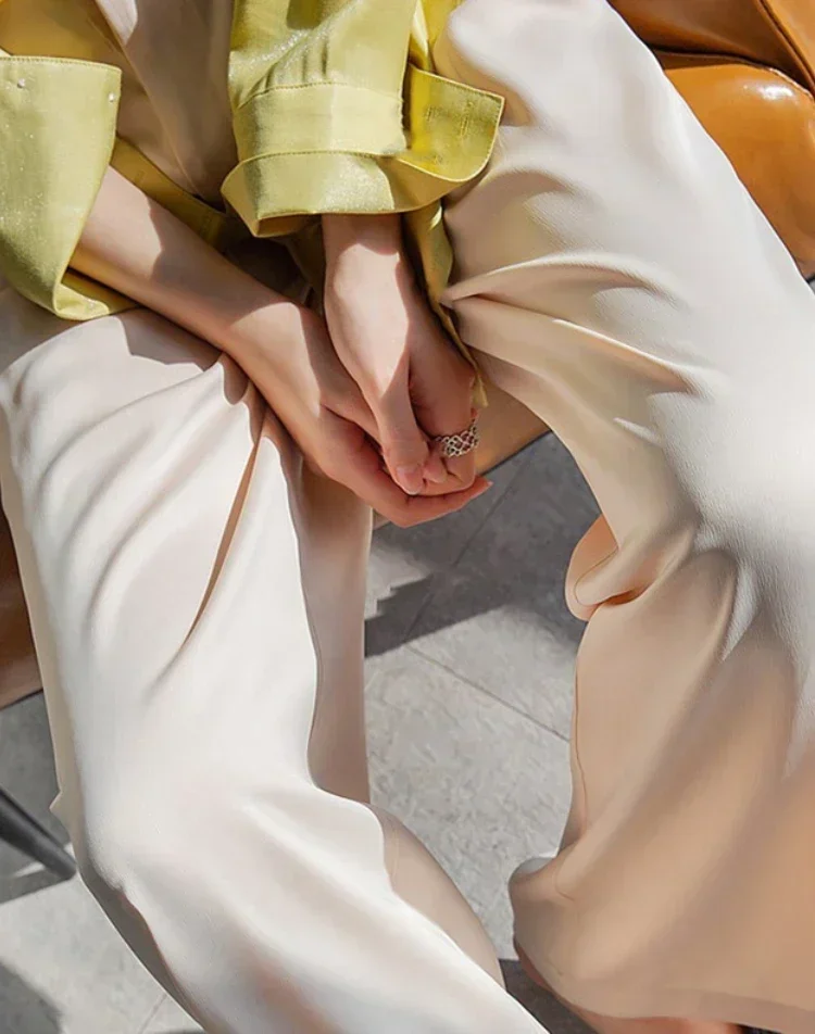 Spring Summer Women's High Waist Wide Leg Trousers Loose Fit Classic Black Silk Satin Casual Korean Style Pants Female Clothing