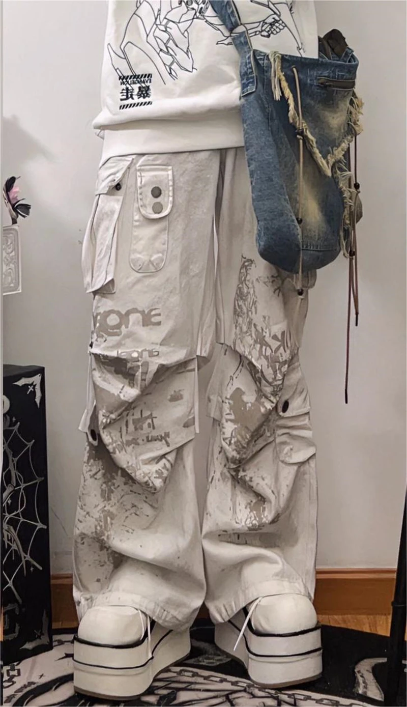 Women Off White Baggy Cargo Pants Vintage Harajuku Y2k Aesthetic Oversize Parachute Pants High Waist Wide Trousers 2000s Clothes