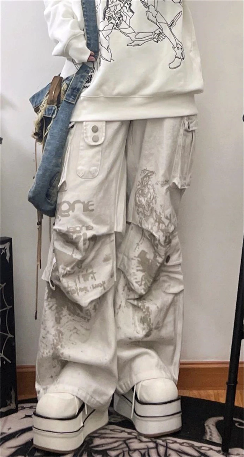 Women Off White Baggy Cargo Pants Vintage Harajuku Y2k Aesthetic Oversize Parachute Pants High Waist Wide Trousers 2000s Clothes