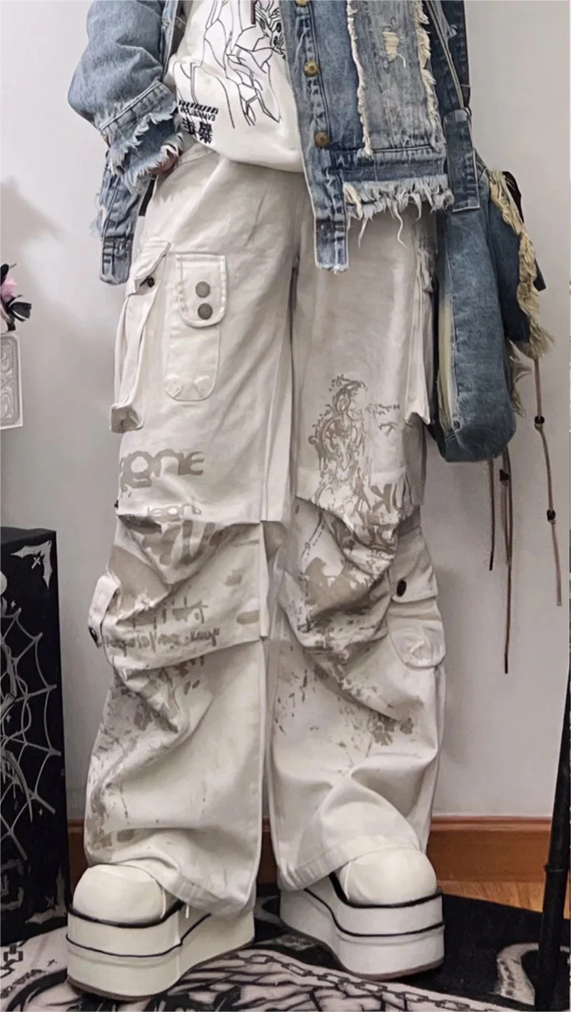 Women Off White Baggy Cargo Pants Vintage Harajuku Y2k Aesthetic Oversize Parachute Pants High Waist Wide Trousers 2000s Clothes