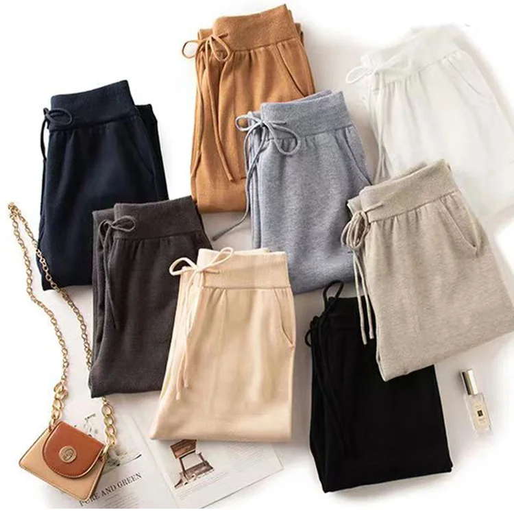 Women 100% Wool Pants New Autumn and Winter Soft Comfortable High-Waist Knitted Thicken Pants Female Thin pants Casual Trousers