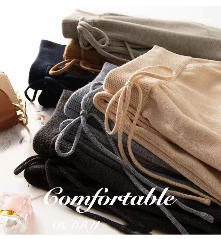 Women 100% Wool Pants New Autumn and Winter Soft Comfortable High-Waist Knitted Thicken Pants Female Thin pants Casual Trousers