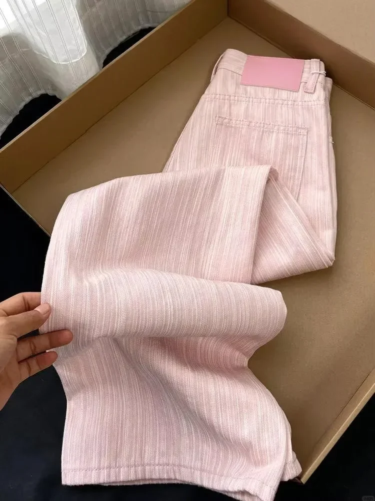 Summer Pink Striped Design Wide-leg Jeans Women's Casual Loose High Waist Loose Straight Pants Drape Floor Jeans Pants Chic New