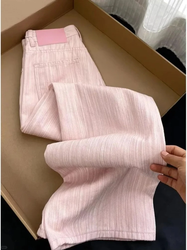 Summer Pink Striped Design Wide-leg Jeans Women's Casual Loose High Waist Loose Straight Pants Drape Floor Jeans Pants Chic New