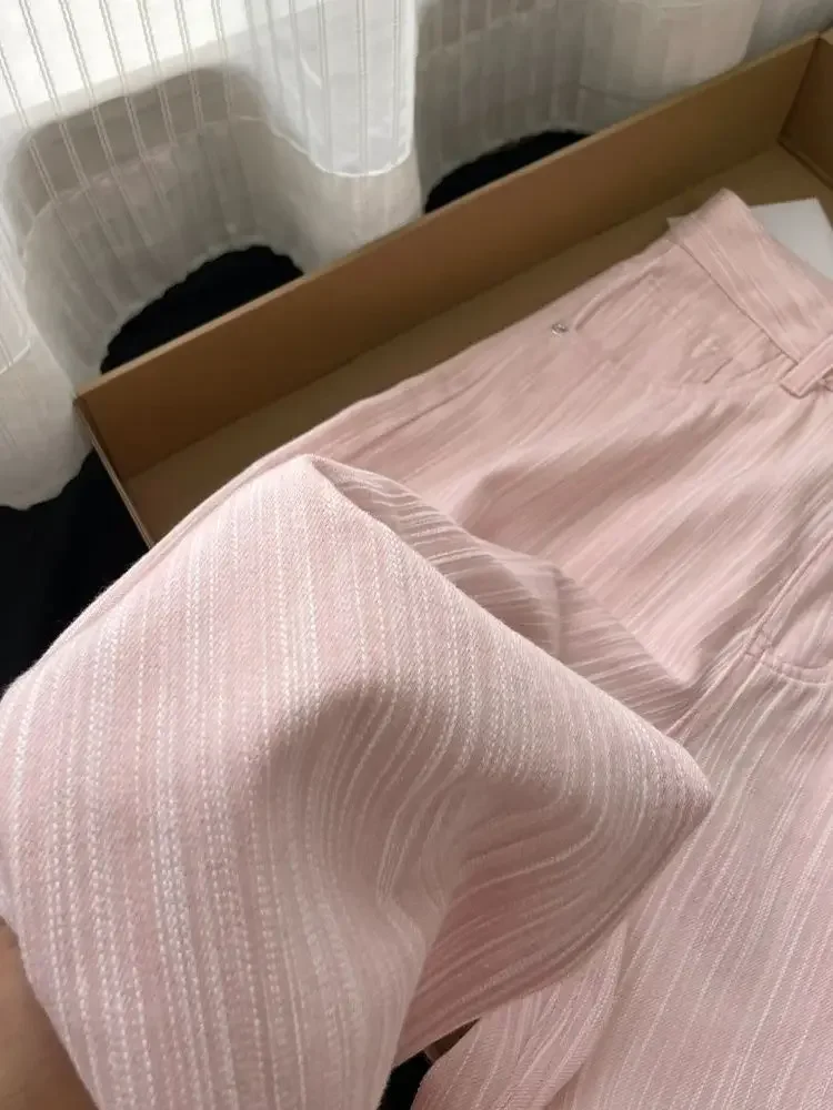 Summer Pink Striped Design Wide-leg Jeans Women's Casual Loose High Waist Loose Straight Pants Drape Floor Jeans Pants Chic New