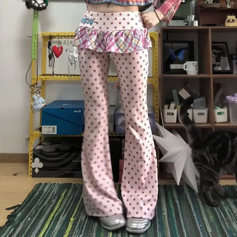 Y2k Kawaii Full Length Pants Women Casual Dot Fake Two-Piece Tail Skirt Flared Japanese Retro Slim Sweet Skirt Trousers
