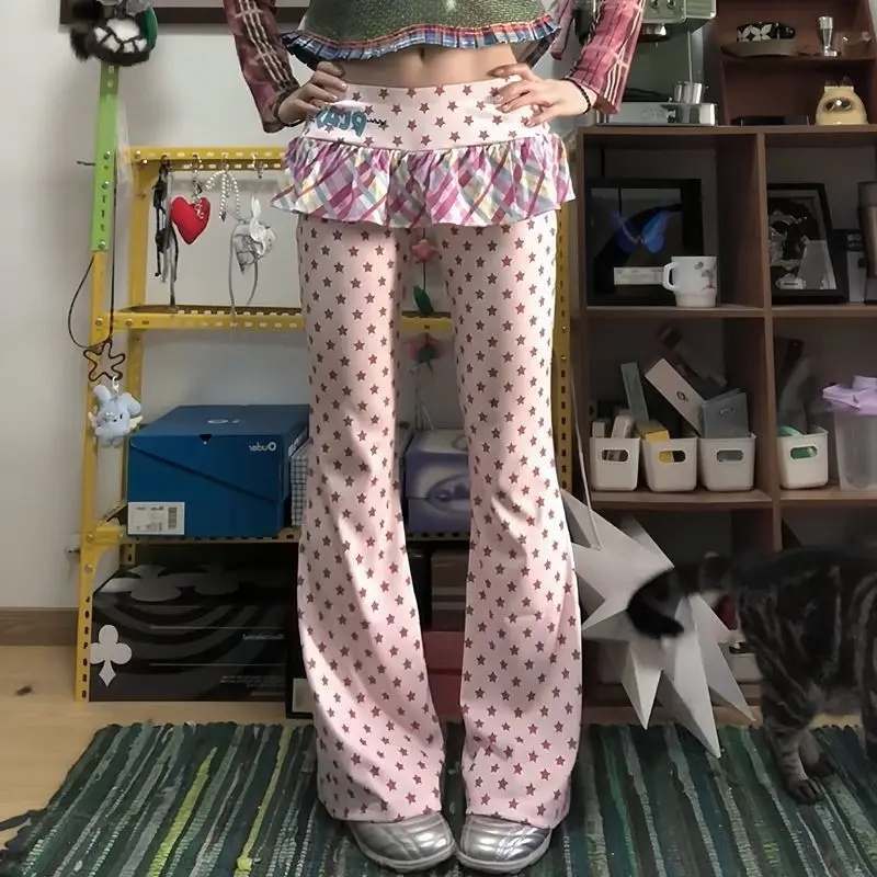 Y2k Kawaii Full Length Pants Women Casual Dot Fake Two-Piece Tail Skirt Flared Japanese Retro Slim Sweet Skirt Trousers