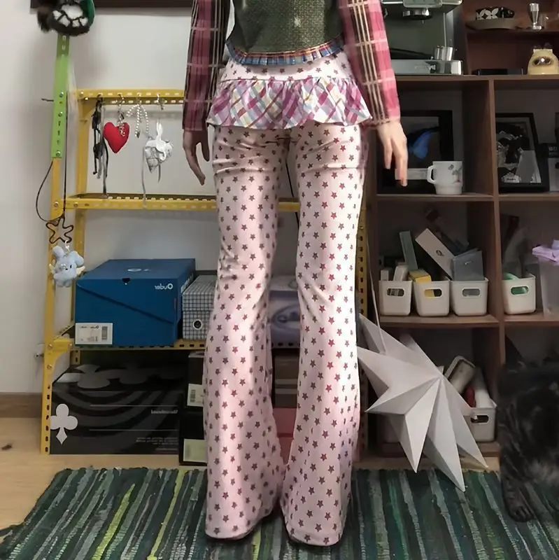 Y2k Kawaii Full Length Pants Women Casual Dot Fake Two-Piece Tail Skirt Flared Japanese Retro Slim Sweet Skirt Trousers