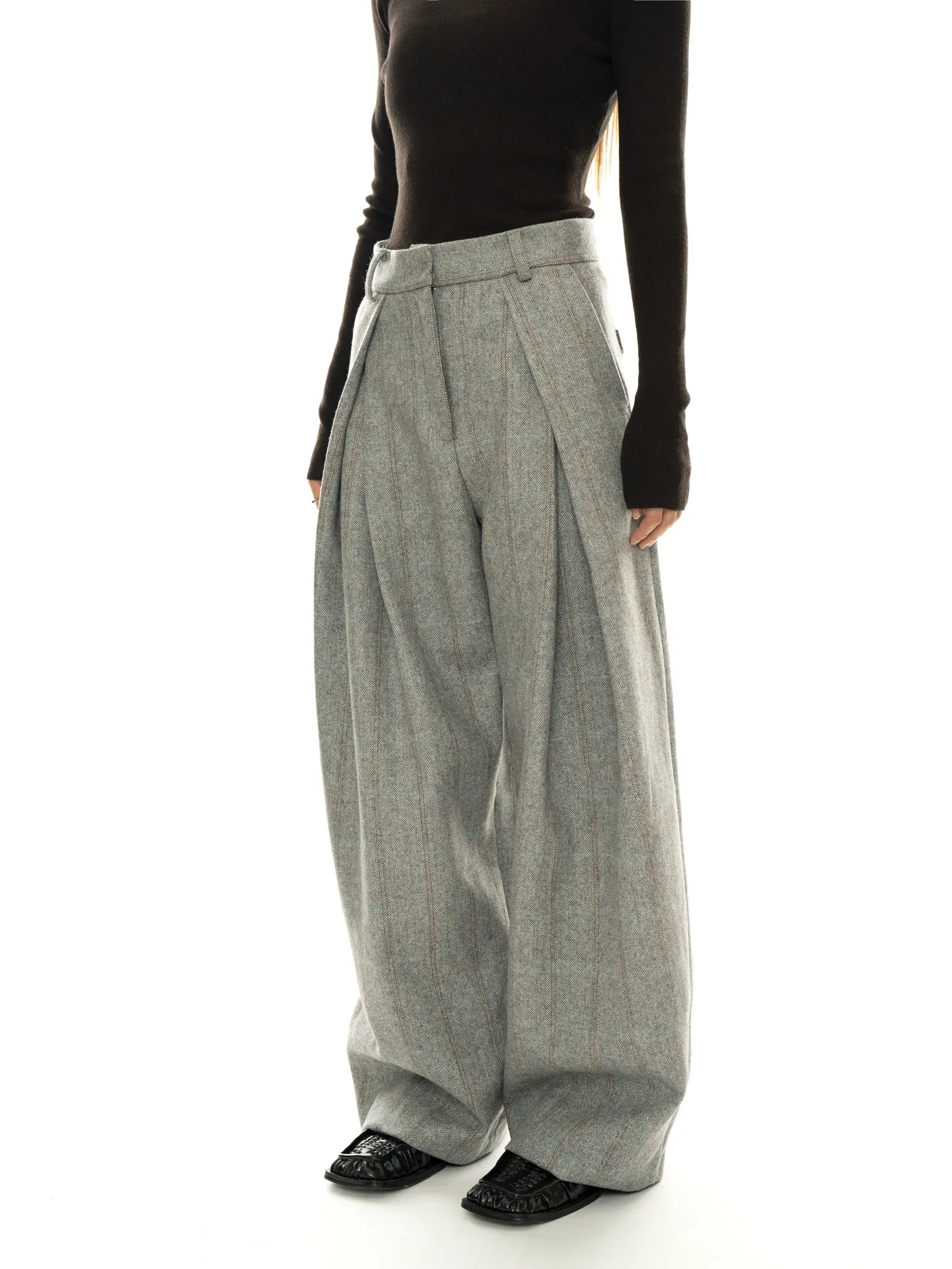 80% Wool Women Spring Fashion Big Wide Leg Pants High Waist Striped Stright Pants Fashion Clothes Pants Female Trousers