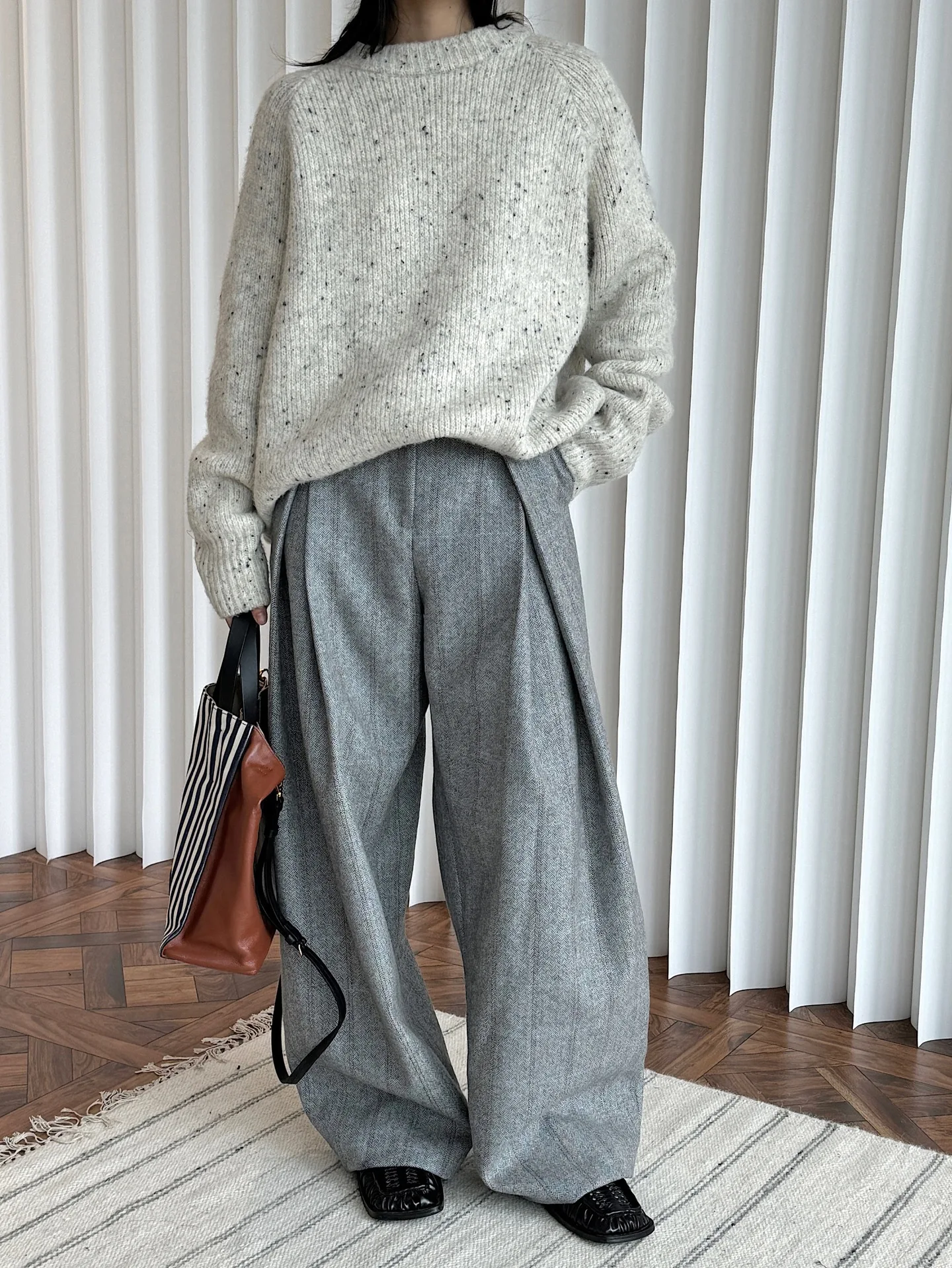80% Wool Women Spring Fashion Big Wide Leg Pants High Waist Striped Stright Pants Fashion Clothes Pants Female Trousers