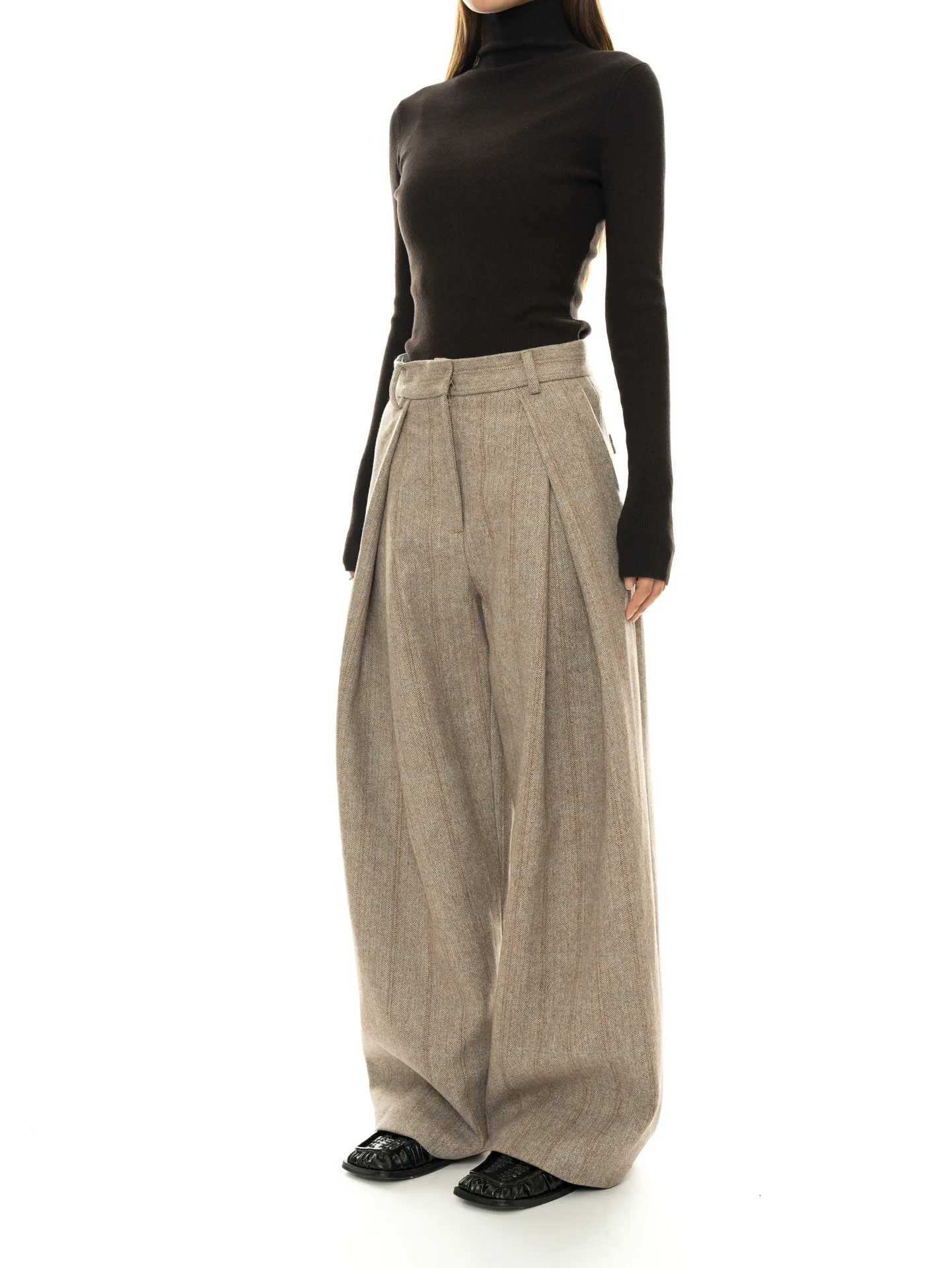 80% Wool Women Spring Fashion Big Wide Leg Pants High Waist Striped Stright Pants Fashion Clothes Pants Female Trousers