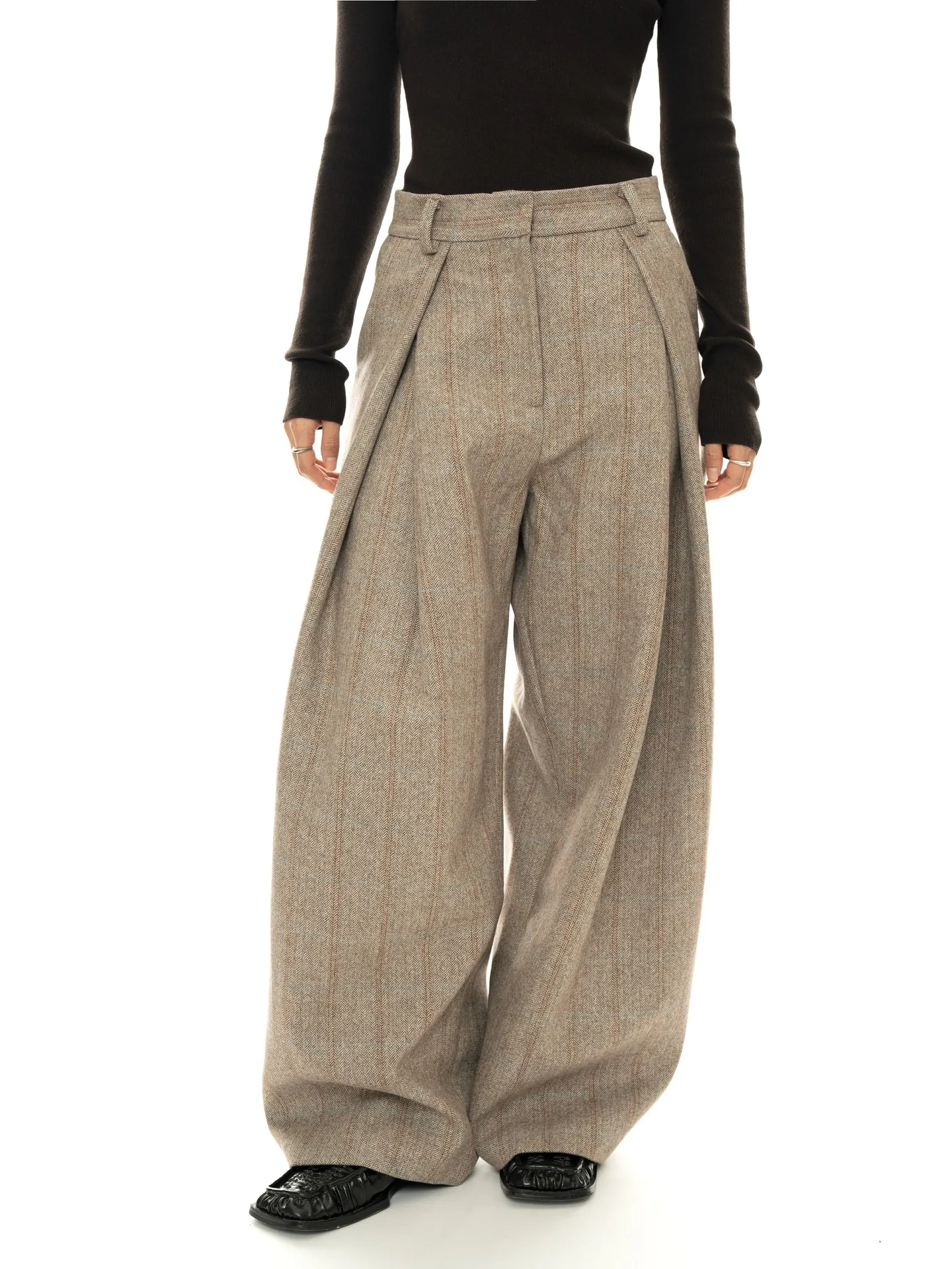 80% Wool Women Spring Fashion Big Wide Leg Pants High Waist Striped Stright Pants Fashion Clothes Pants Female Trousers