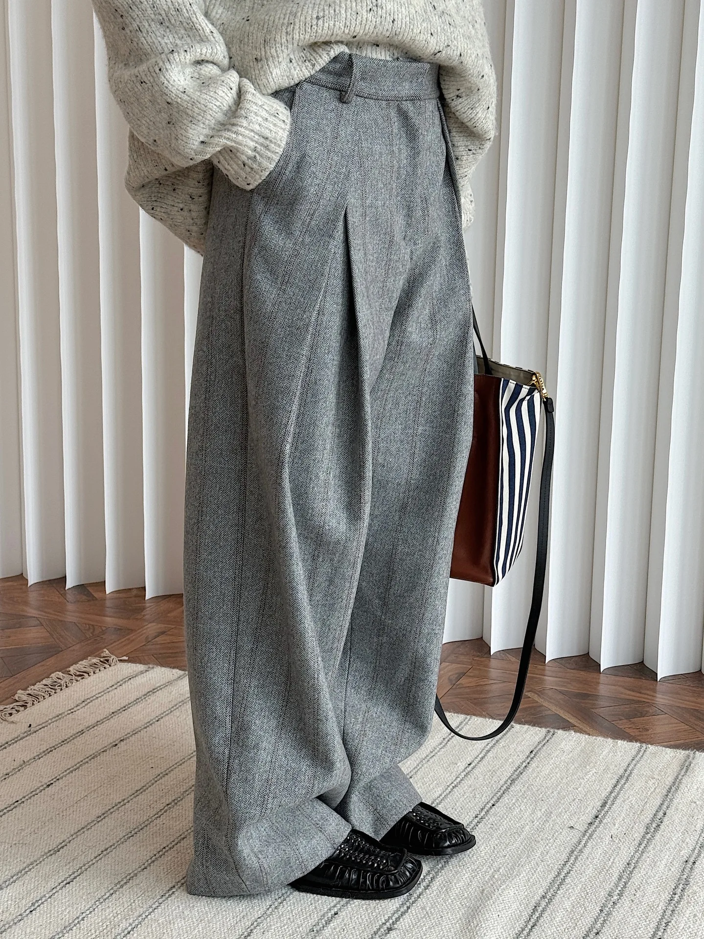 80% Wool Women Spring Fashion Big Wide Leg Pants High Waist Striped Stright Pants Fashion Clothes Pants Female Trousers