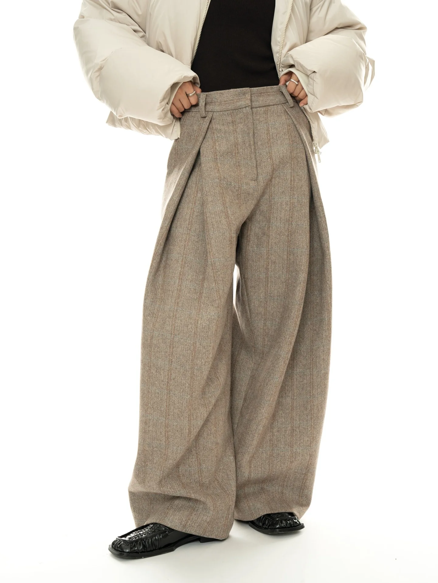 80% Wool Women Spring Fashion Big Wide Leg Pants High Waist Striped Stright Pants Fashion Clothes Pants Female Trousers