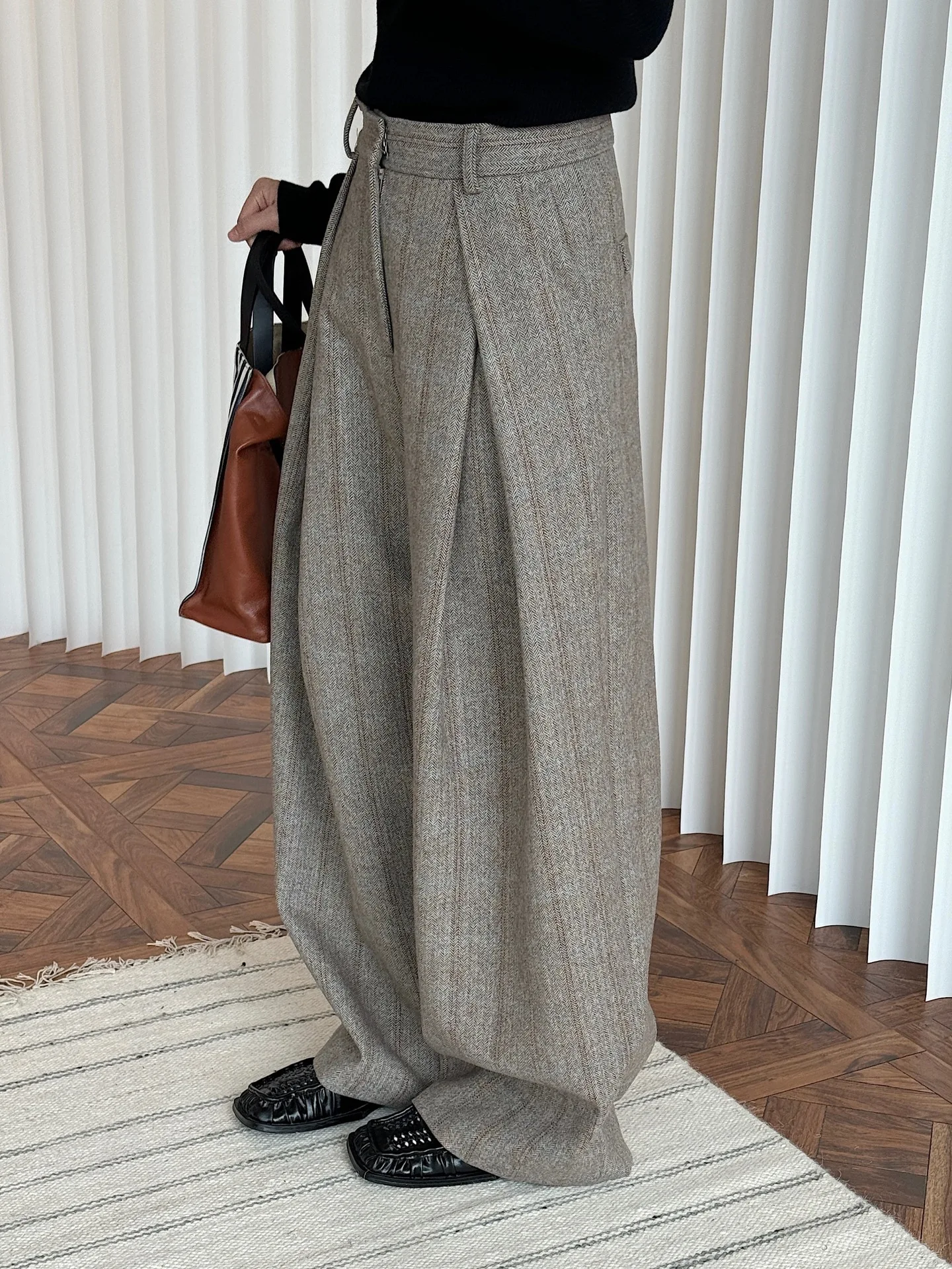 80% Wool Women Spring Fashion Big Wide Leg Pants High Waist Striped Stright Pants Fashion Clothes Pants Female Trousers
