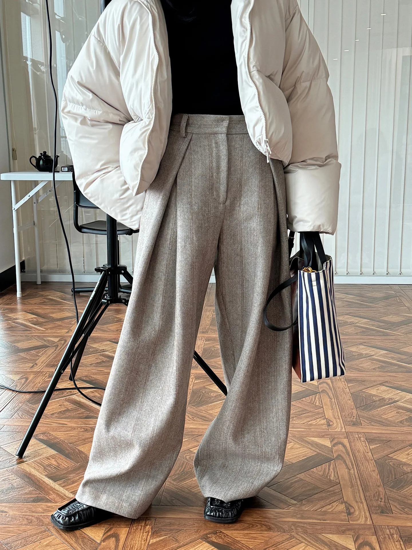 80% Wool Women Spring Fashion Big Wide Leg Pants High Waist Striped Stright Pants Fashion Clothes Pants Female Trousers