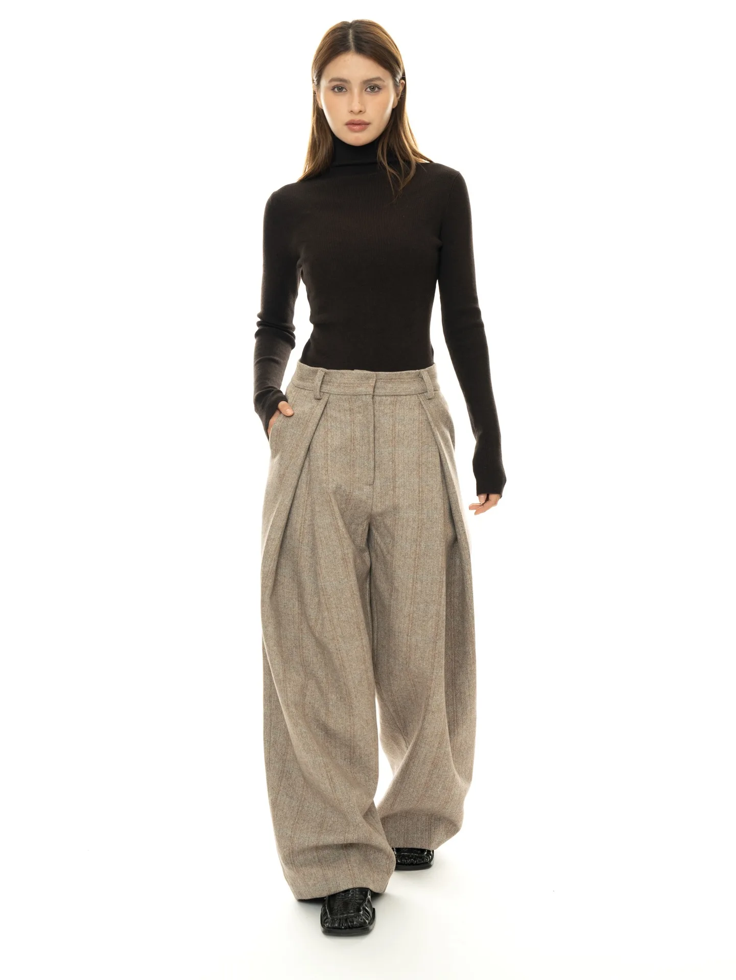 80% Wool Women Spring Fashion Big Wide Leg Pants High Waist Striped Stright Pants Fashion Clothes Pants Female Trousers