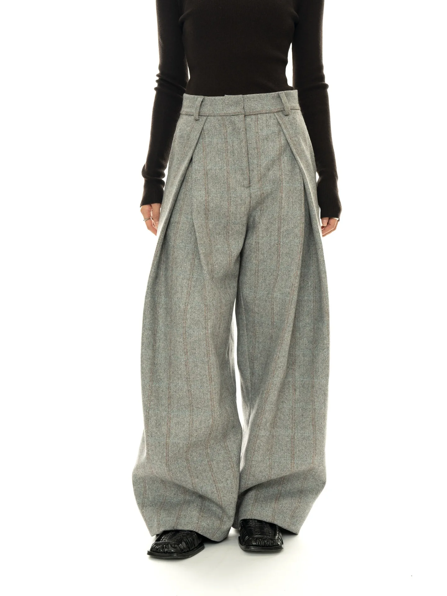 80% Wool Women Spring Fashion Big Wide Leg Pants High Waist Striped Stright Pants Fashion Clothes Pants Female Trousers