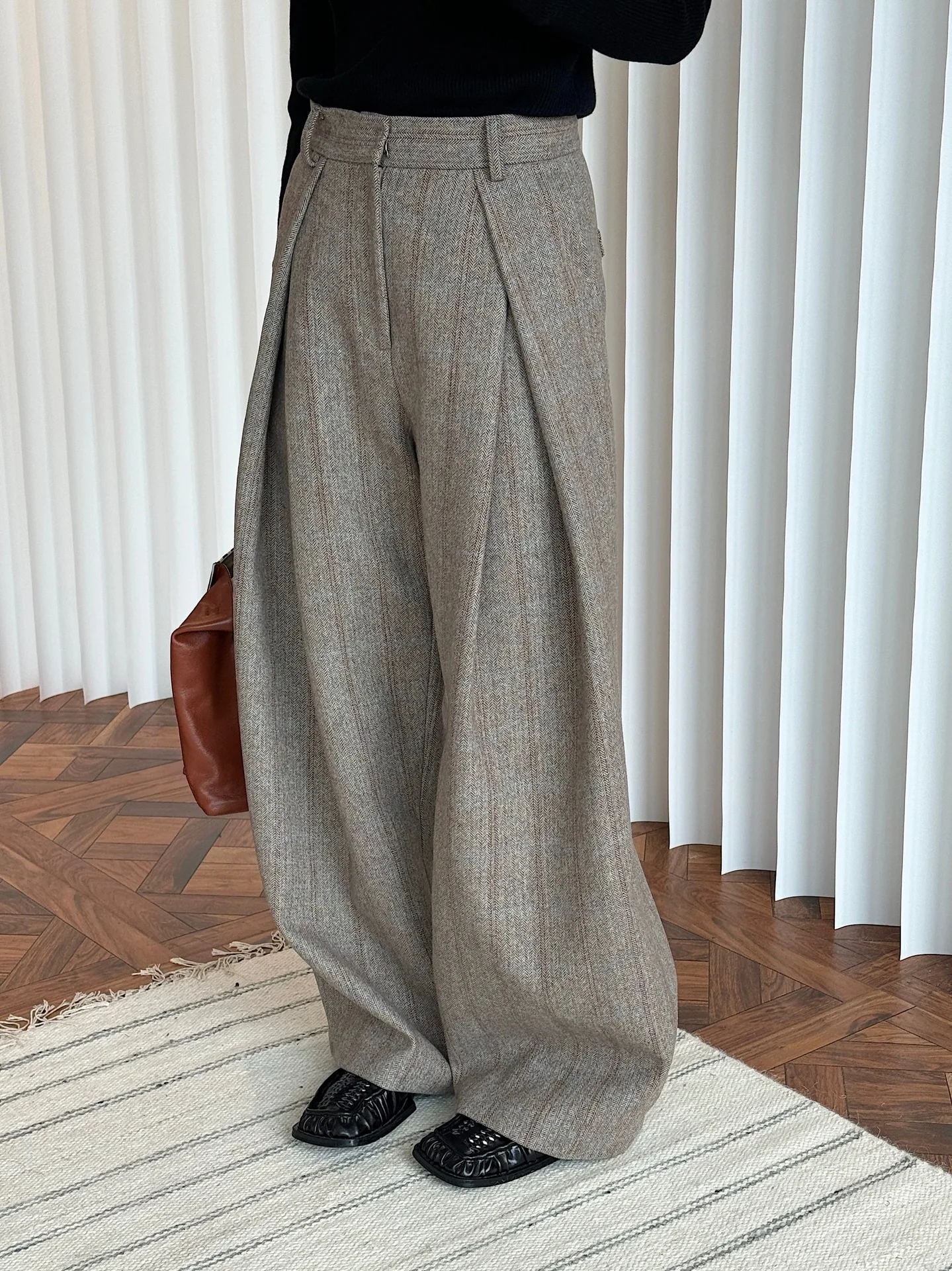 80% Wool Women Spring Fashion Big Wide Leg Pants High Waist Striped Stright Pants Fashion Clothes Pants Female Trousers