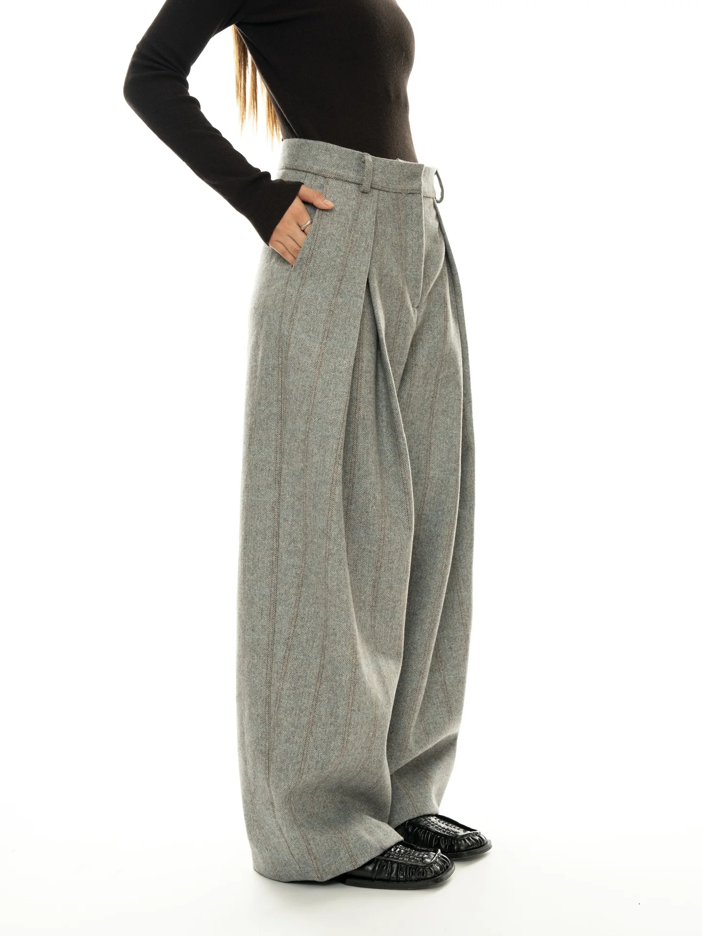80% Wool Women Spring Fashion Big Wide Leg Pants High Waist Striped Stright Pants Fashion Clothes Pants Female Trousers