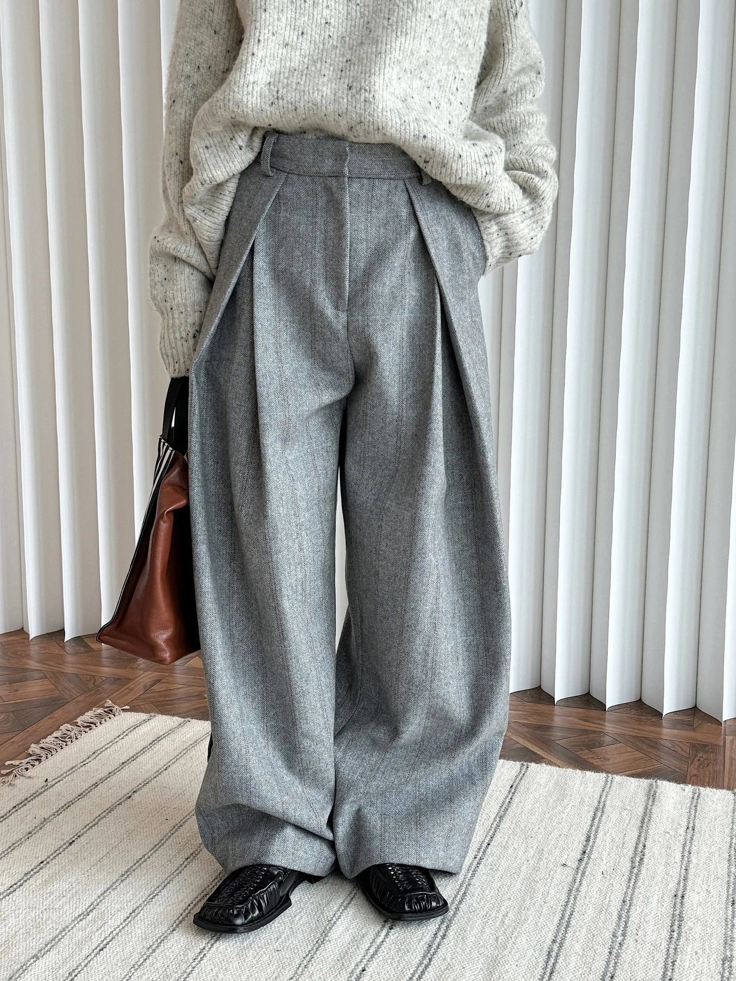 80% Wool Women Spring Fashion Big Wide Leg Pants High Waist Striped Stright Pants Fashion Clothes Pants Female Trousers