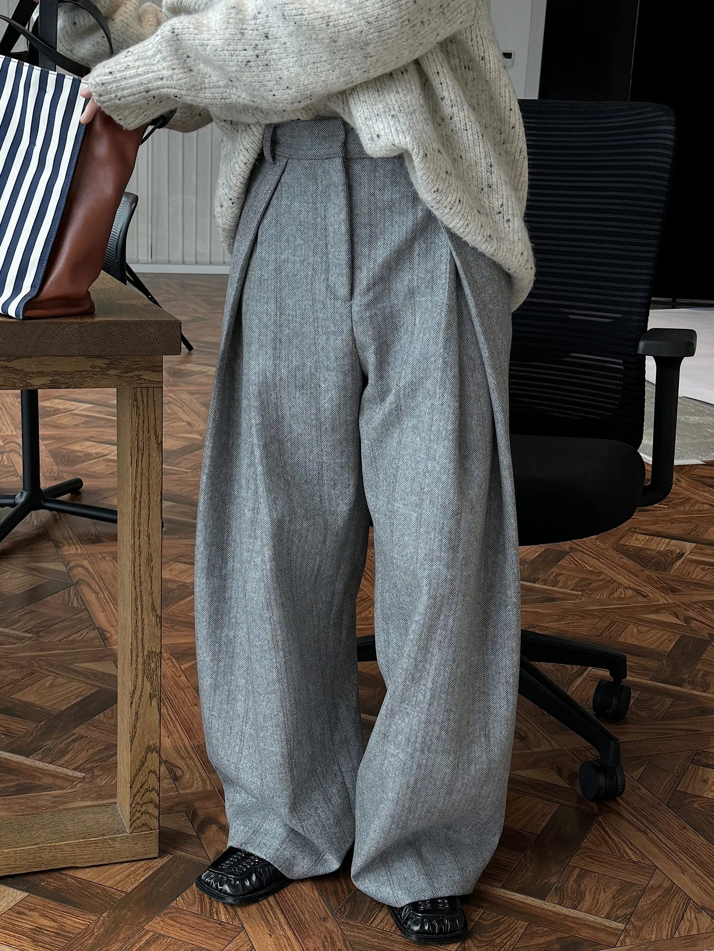 80% Wool Women Spring Fashion Big Wide Leg Pants High Waist Striped Stright Pants Fashion Clothes Pants Female Trousers