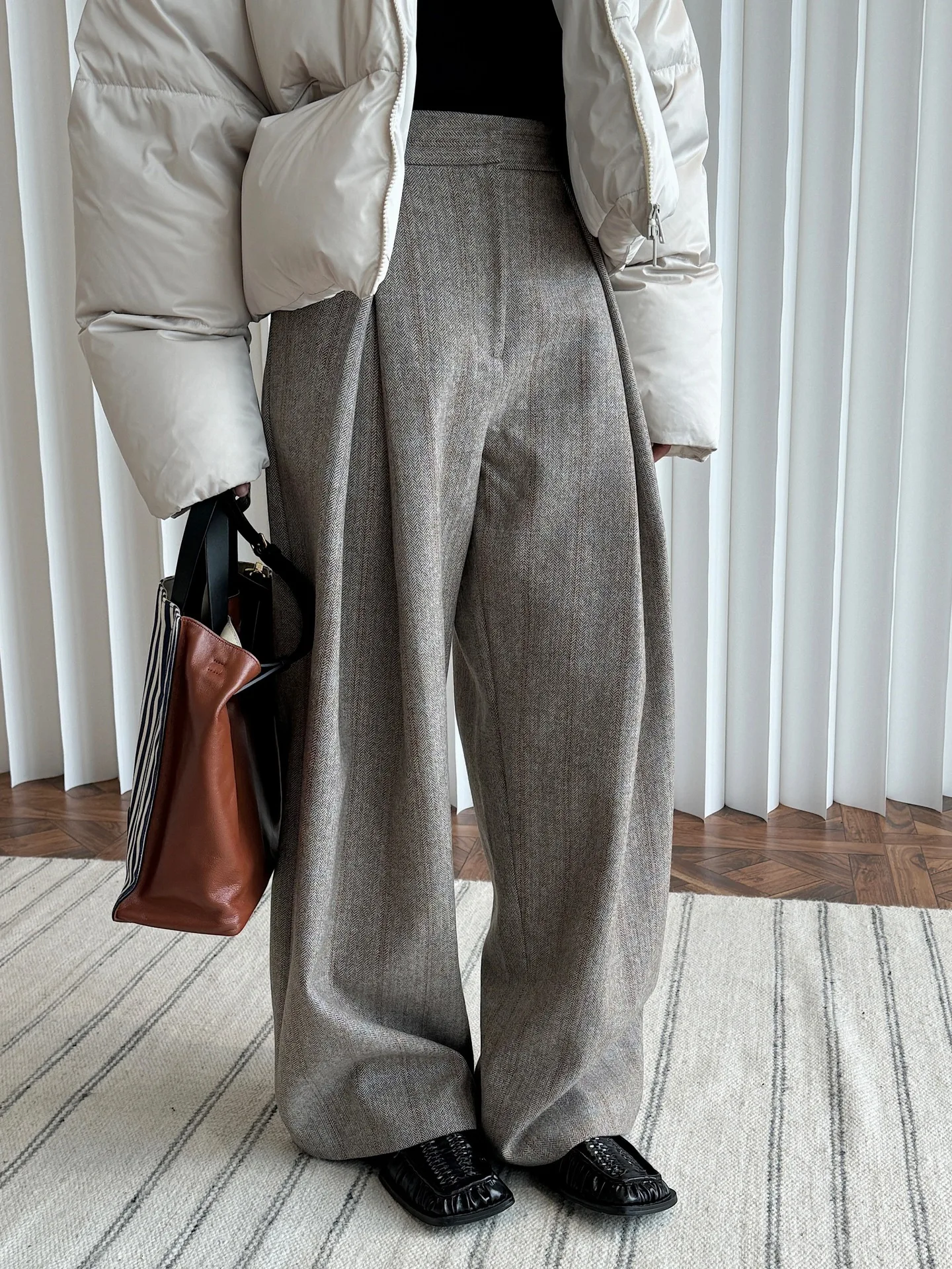 80% Wool Women Spring Fashion Big Wide Leg Pants High Waist Striped Stright Pants Fashion Clothes Pants Female Trousers