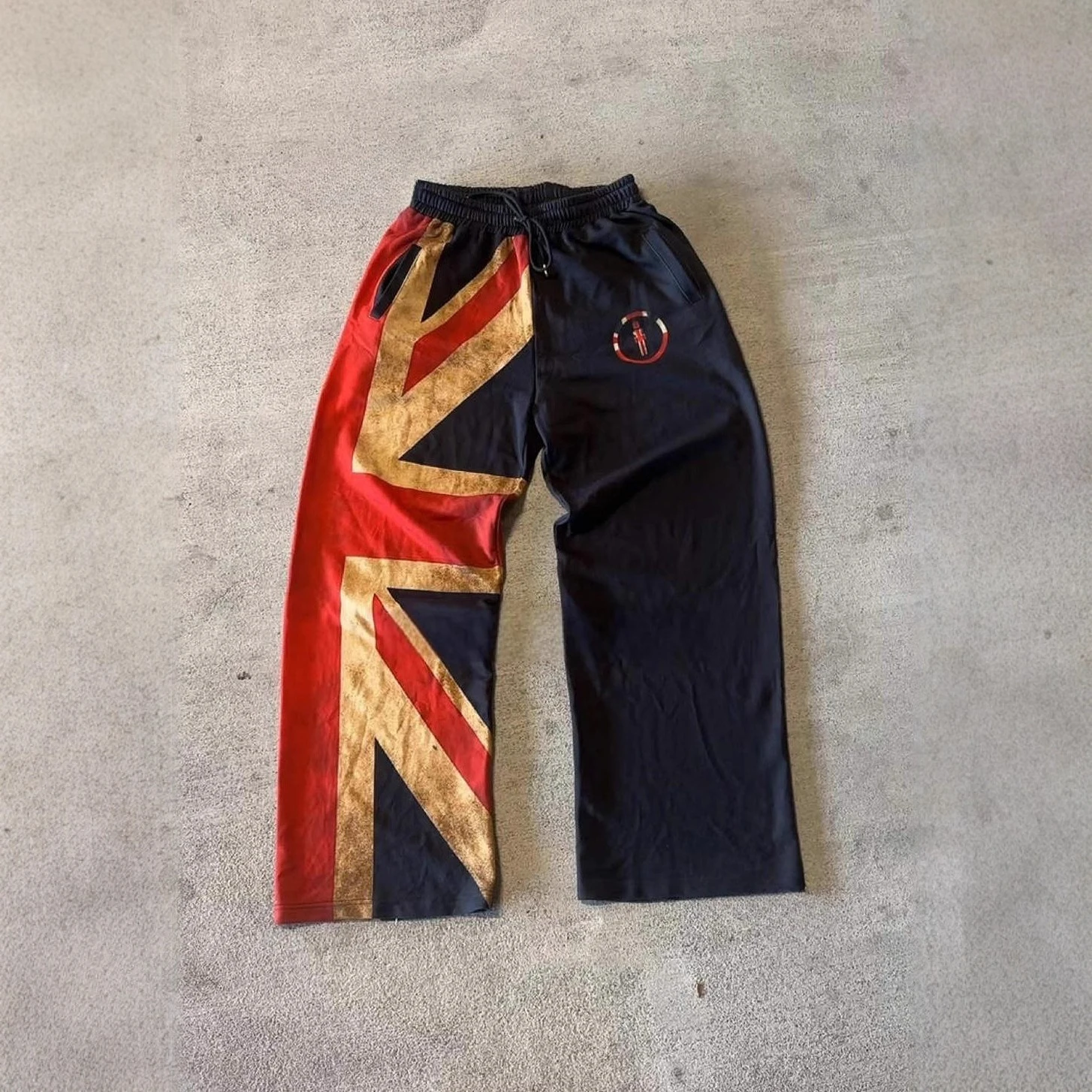 Harajuku Black High Street Union Jack Personalized Printed Sweatpants Straight Drawstring Jogging Pants Vintage Casual Pants