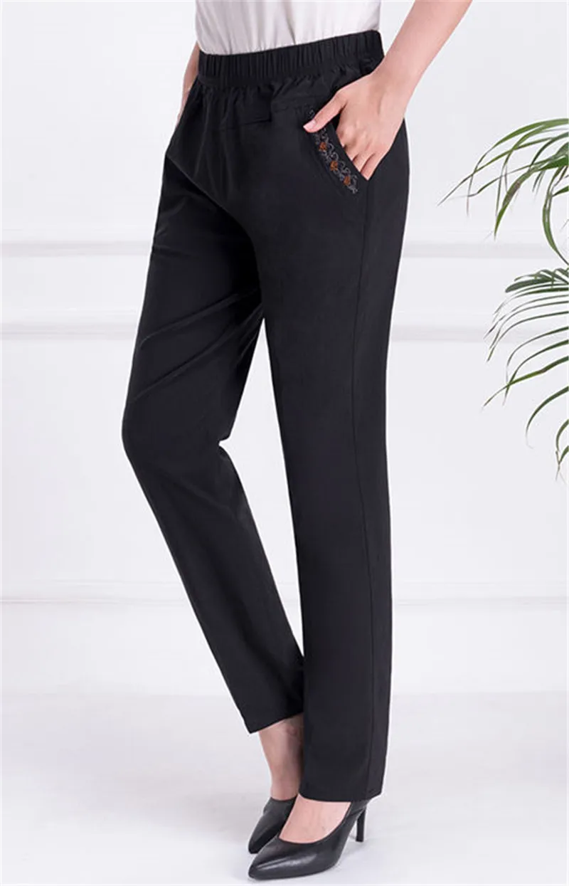 2026 Summer Women Pants Middle-aged Lady Elastic Waist Loose Casual Pants 4XL Pocket Thin Female Straight Trousers 2300
