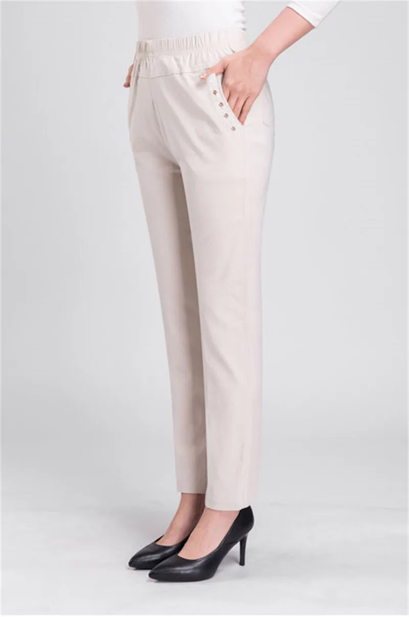 2026 Summer Women Pants Middle-aged Lady Elastic Waist Loose Casual Pants 4XL Pocket Thin Female Straight Trousers 2300