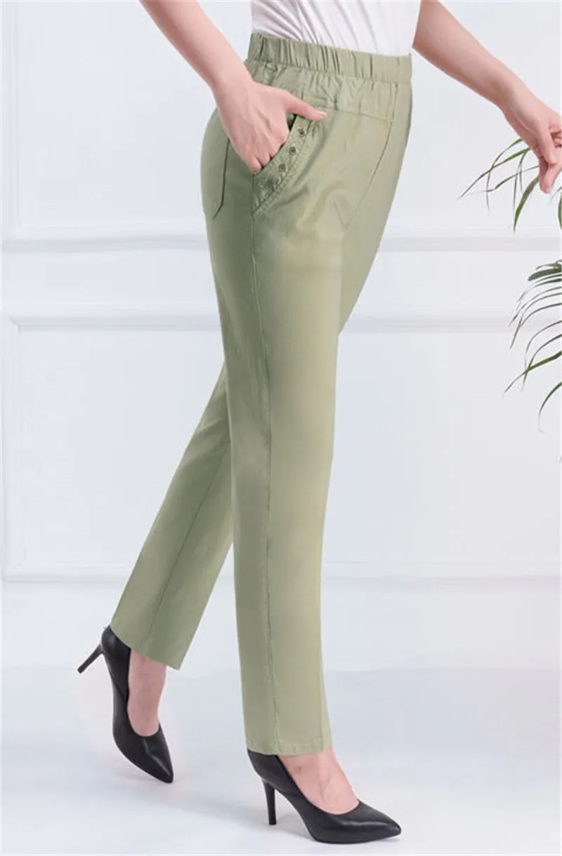 2026 Summer Women Pants Middle-aged Lady Elastic Waist Loose Casual Pants 4XL Pocket Thin Female Straight Trousers 2300