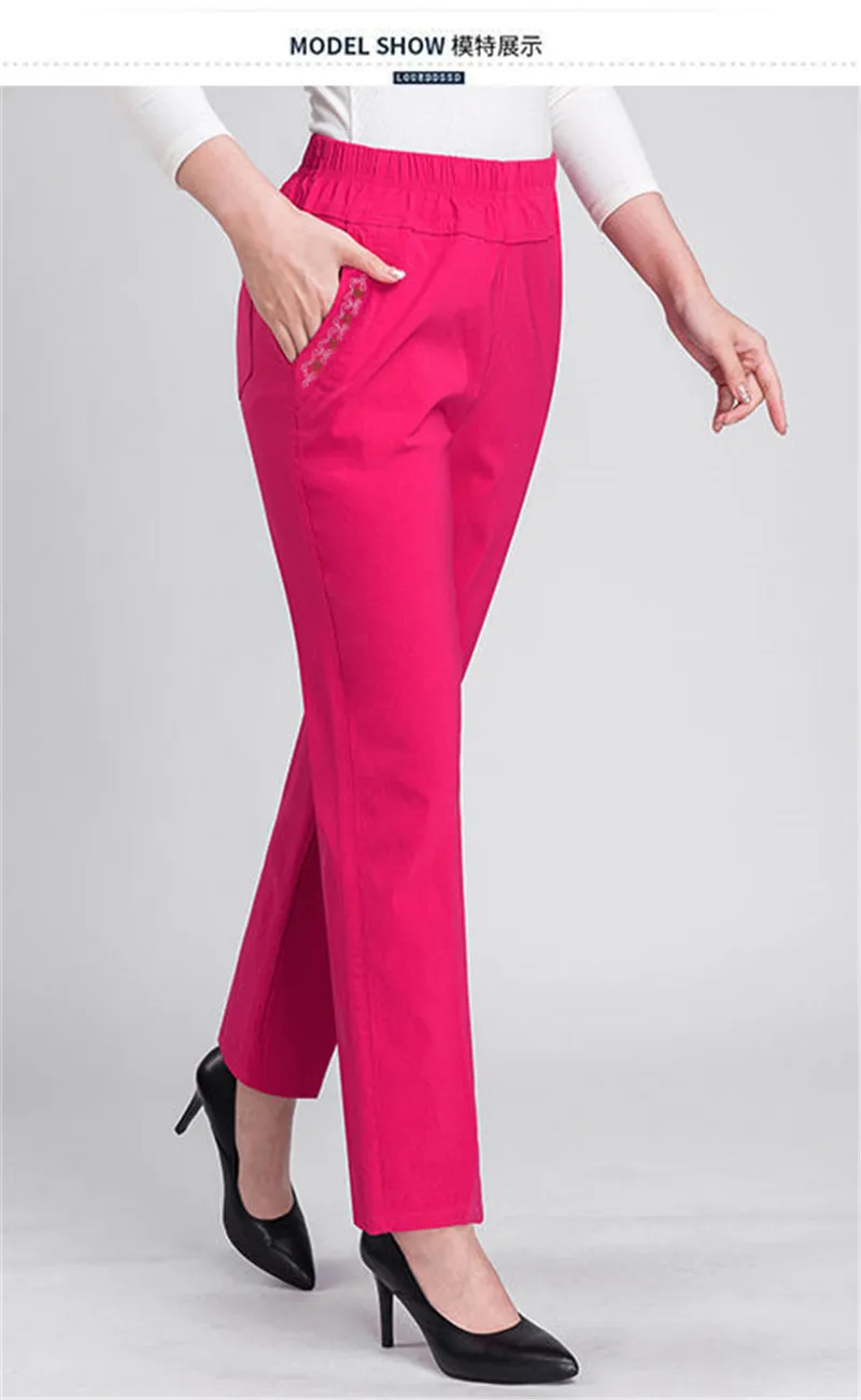 2026 Summer Women Pants Middle-aged Lady Elastic Waist Loose Casual Pants 4XL Pocket Thin Female Straight Trousers 2300