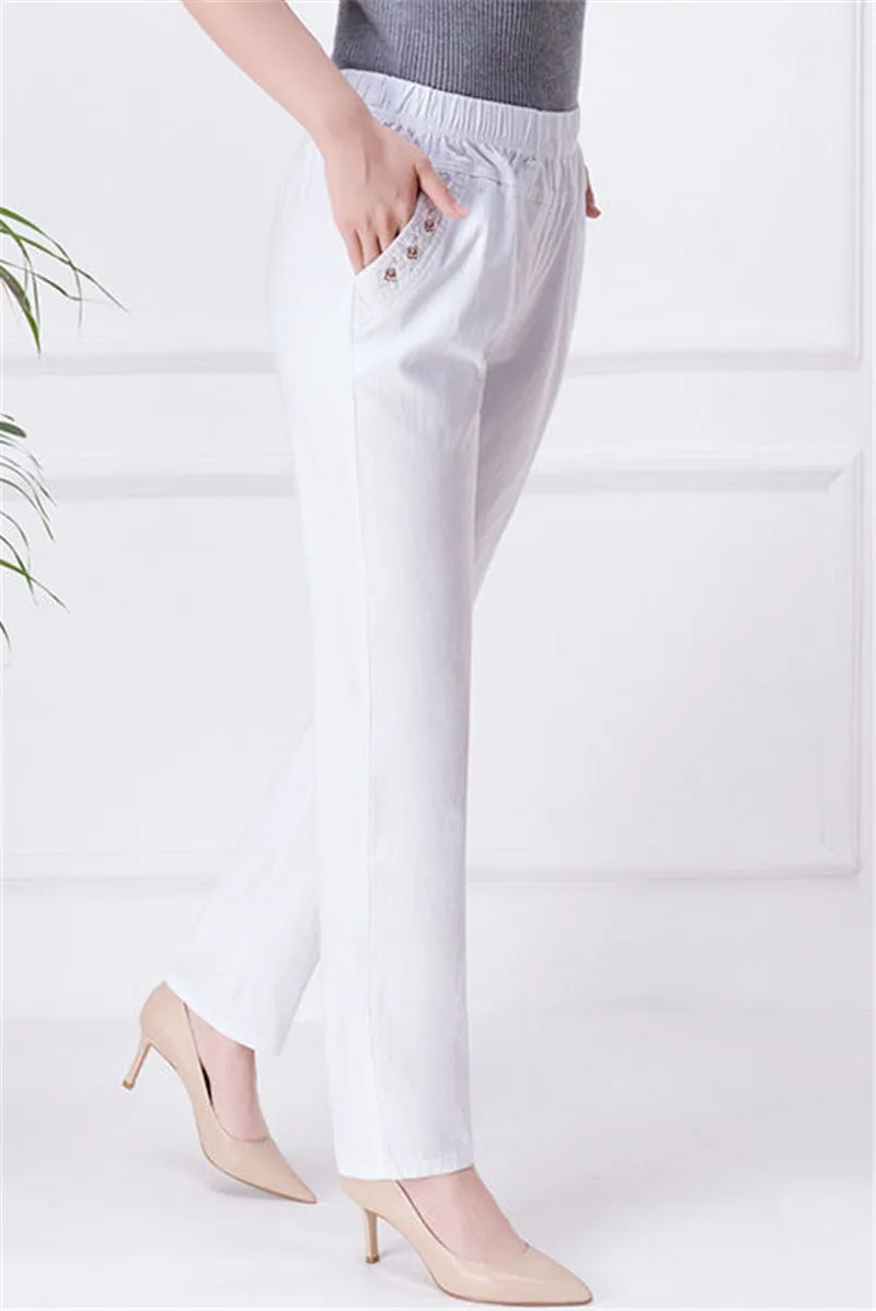 2026 Summer Women Pants Middle-aged Lady Elastic Waist Loose Casual Pants 4XL Pocket Thin Female Straight Trousers 2300