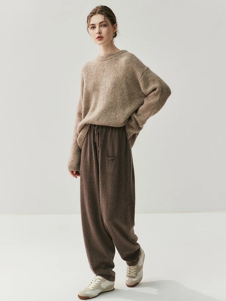 CHICUU Women's Cashmere Pants Casual Loose Long Bloomers 100% Cashmere Knit Pants Autumn Winter Sashes Pocket Cashmere Trousers