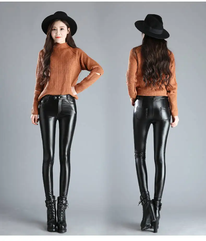 Autumn Winter women leather pants High elastic shiny trousers slim female pencil leather pants women pantalon femme clothe