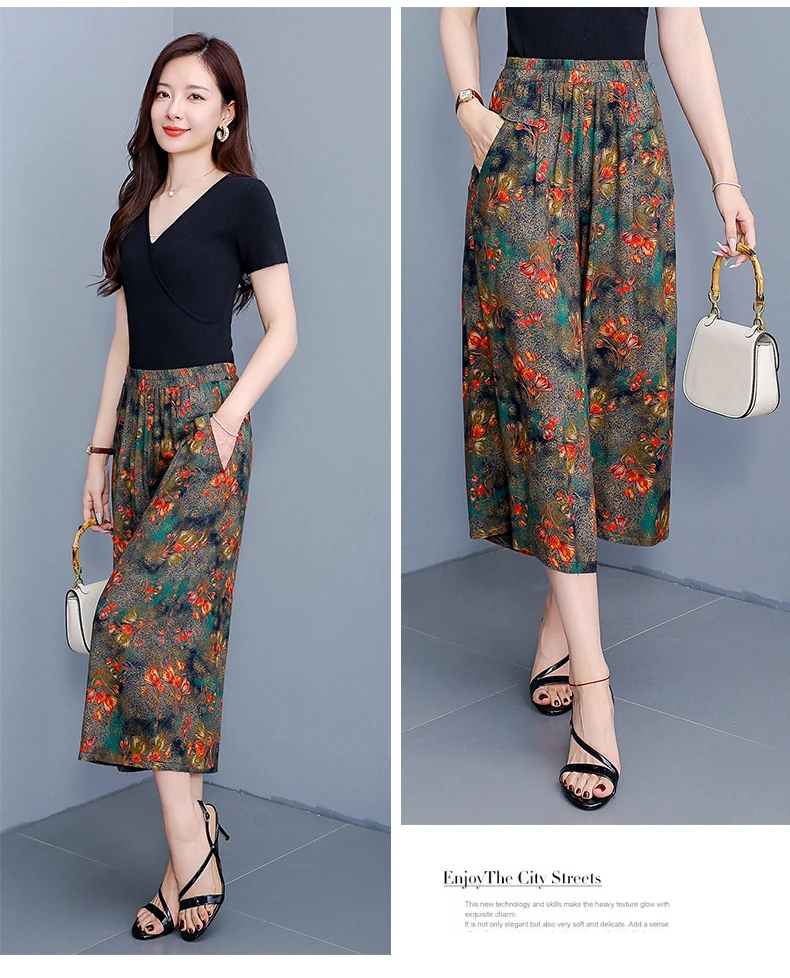 women's Pants Summer trousers Casual Straight Leg Floral Print  Loose Pants Wide Leg Pants