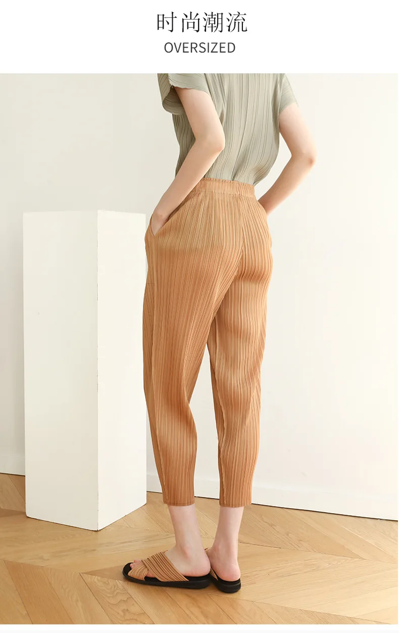 Miyake Pleated Pocket Pencil Pants Women High Fashion Korean Casual Elastic Waist Carrot Cone Pants