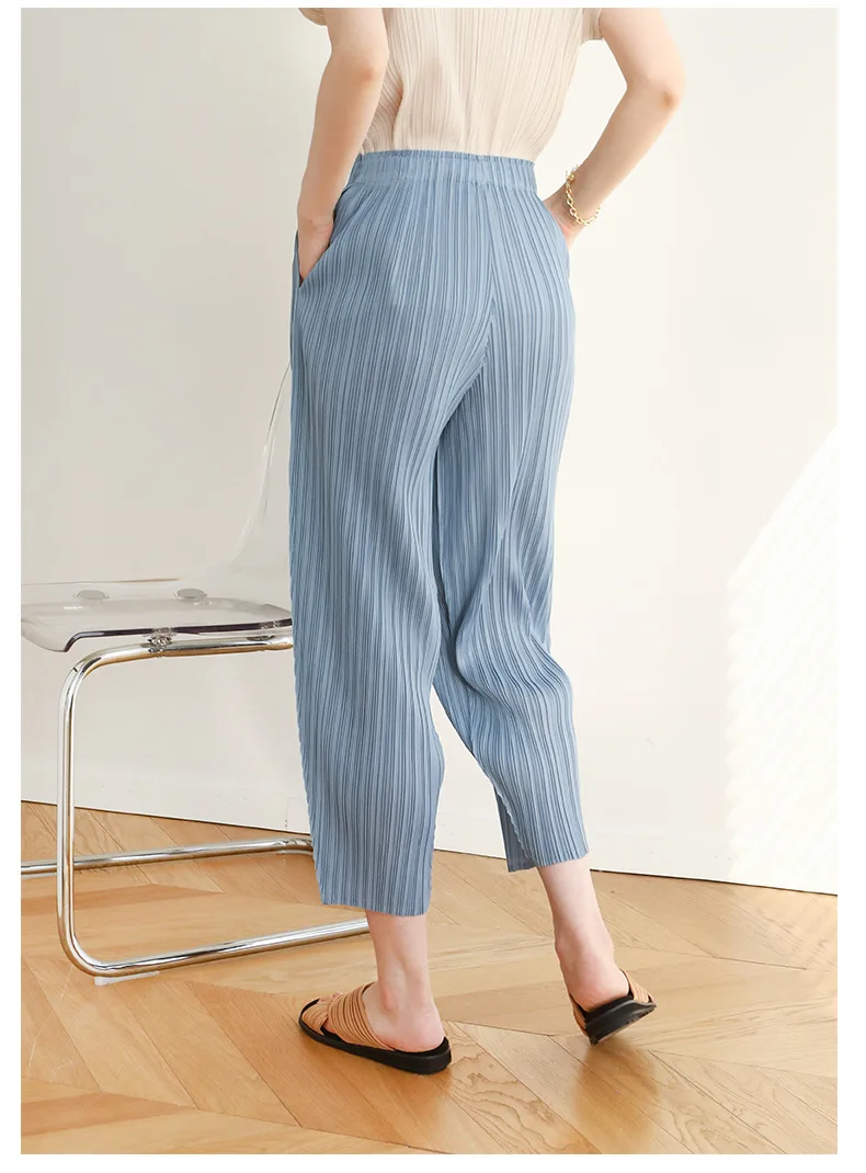 Miyake Pleated Pocket Pencil Pants Women High Fashion Korean Casual Elastic Waist Carrot Cone Pants