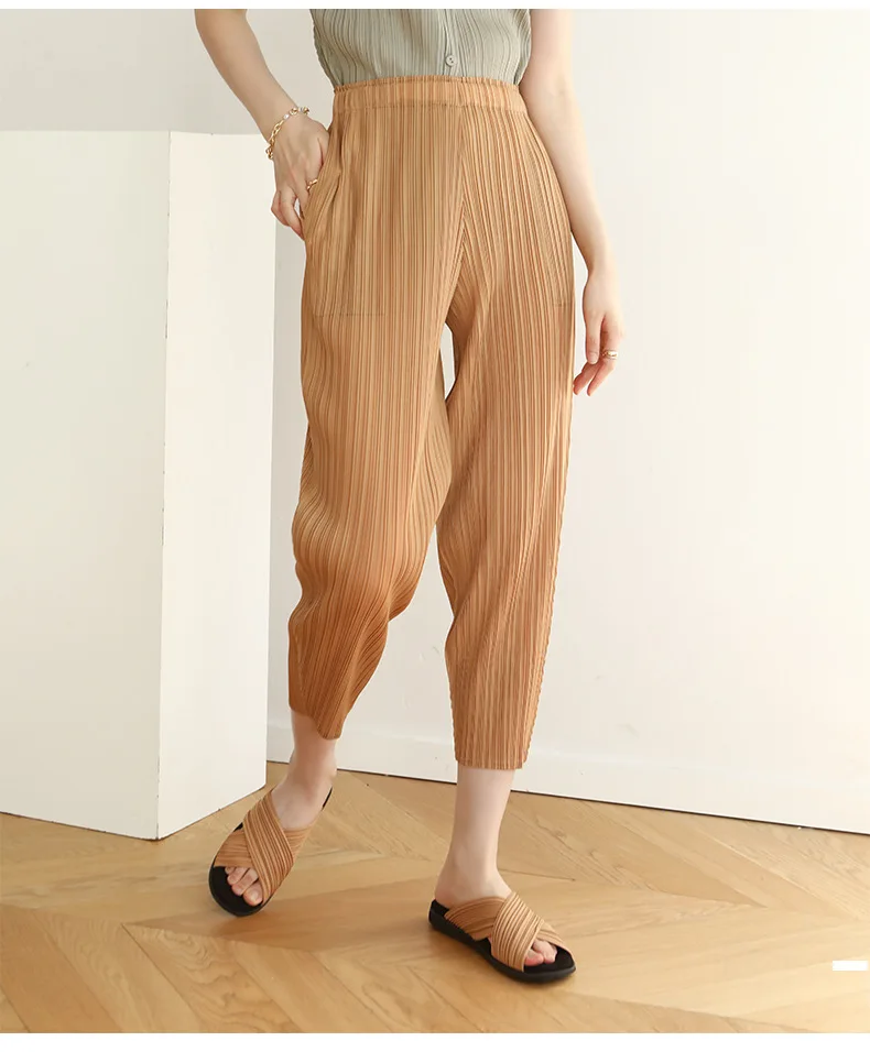 Miyake Pleated Pocket Pencil Pants Women High Fashion Korean Casual Elastic Waist Carrot Cone Pants