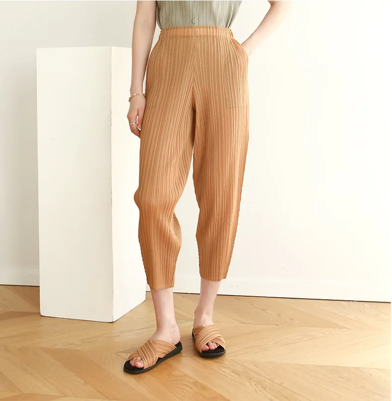 Miyake Pleated Pocket Pencil Pants Women High Fashion Korean Casual Elastic Waist Carrot Cone Pants