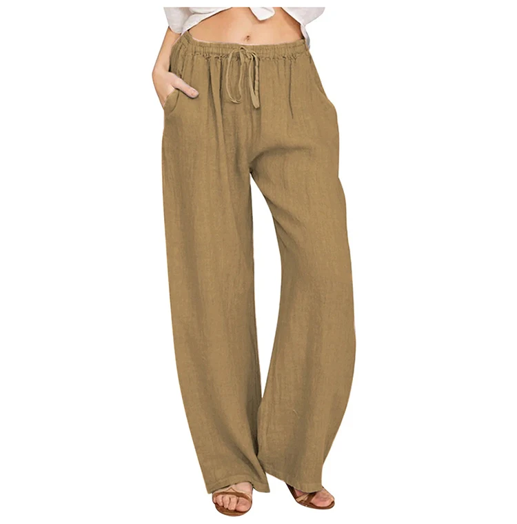 Epligg Summer Autumn Cotton Linen Wide Leg Pants for Women Pants Full Length Casual Pants Female Solid Loose Straight Trousers