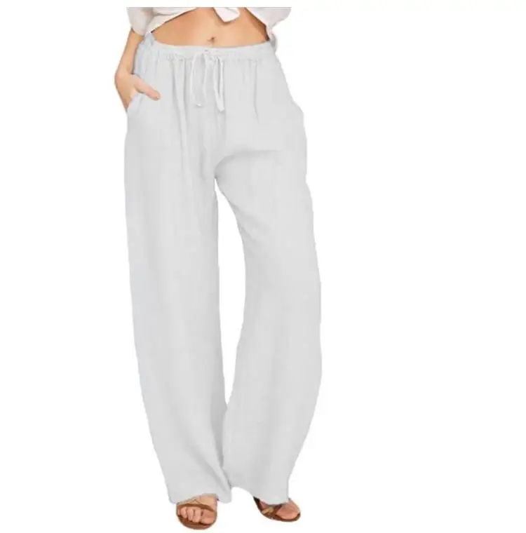 Epligg Summer Autumn Cotton Linen Wide Leg Pants for Women Pants Full Length Casual Pants Female Solid Loose Straight Trousers