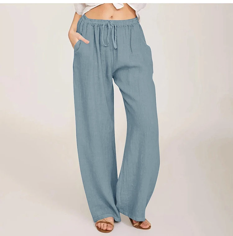 Epligg Summer Autumn Cotton Linen Wide Leg Pants for Women Pants Full Length Casual Pants Female Solid Loose Straight Trousers