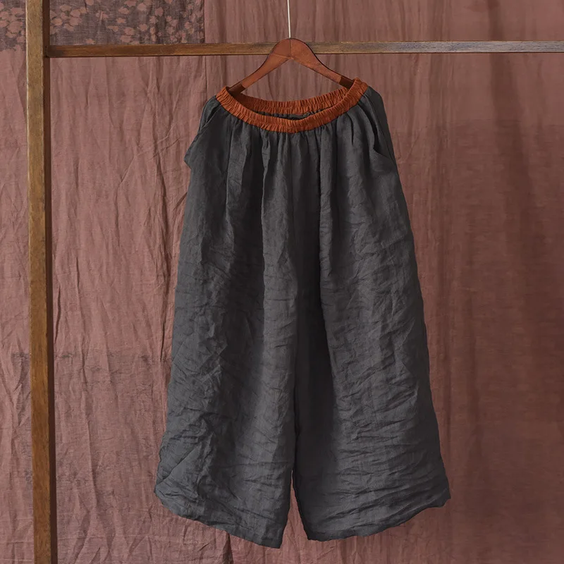 Johnature Women Linen Vintage Wide Leg Pants Elastic Waist Solid Color Trouser 2025 Spring New Loose Pockets Women Long Pants