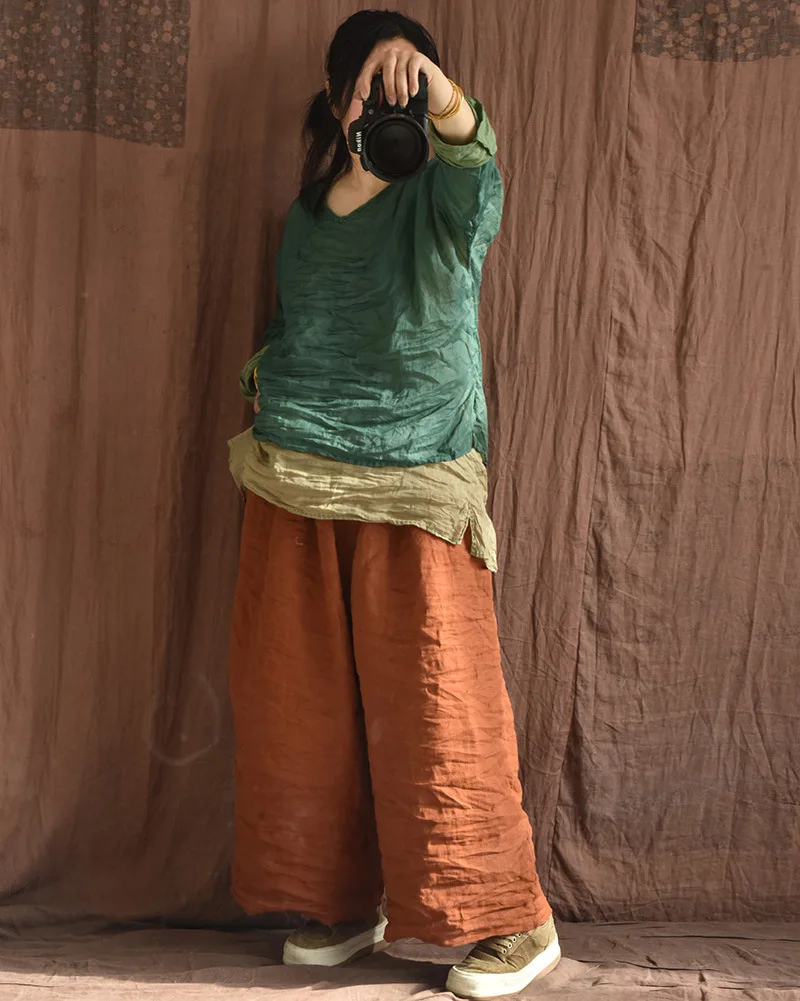 Johnature Women Linen Vintage Wide Leg Pants Elastic Waist Solid Color Trouser 2025 Spring New Loose Pockets Women Long Pants