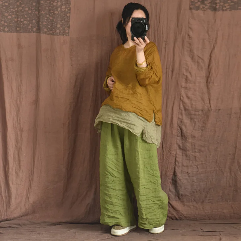 Johnature Women Linen Vintage Wide Leg Pants Elastic Waist Solid Color Trouser 2025 Spring New Loose Pockets Women Long Pants