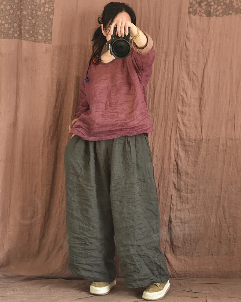 Johnature Women Linen Vintage Wide Leg Pants Elastic Waist Solid Color Trouser 2025 Spring New Loose Pockets Women Long Pants
