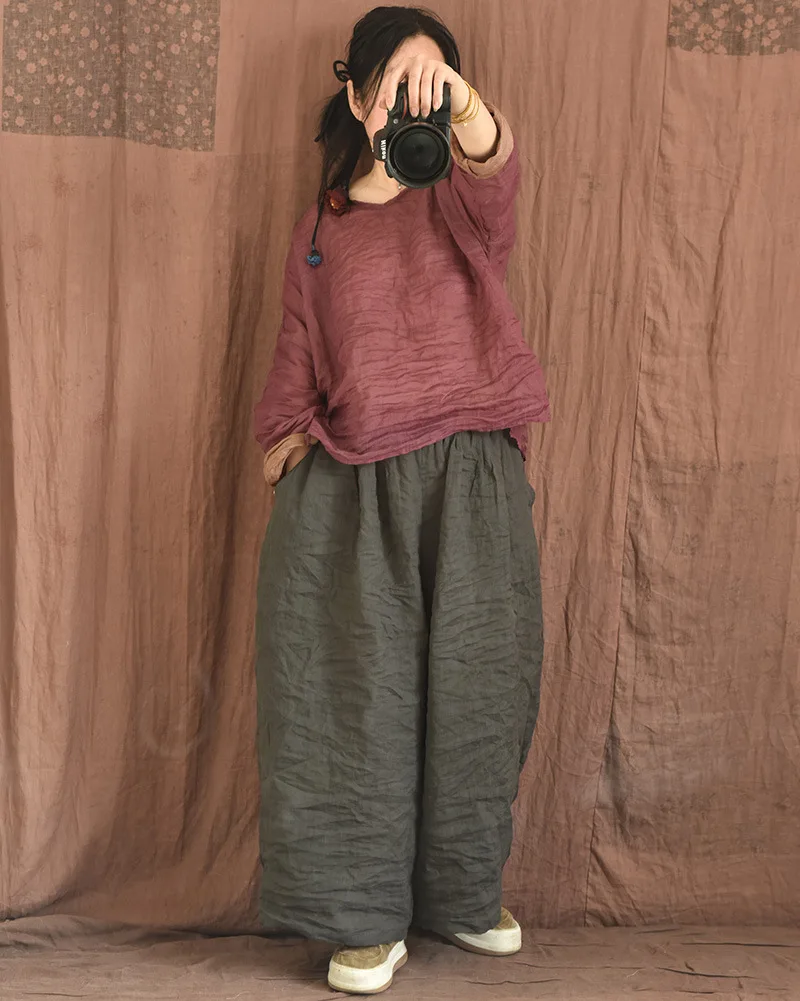 Johnature Women Linen Vintage Wide Leg Pants Elastic Waist Solid Color Trouser 2025 Spring New Loose Pockets Women Long Pants