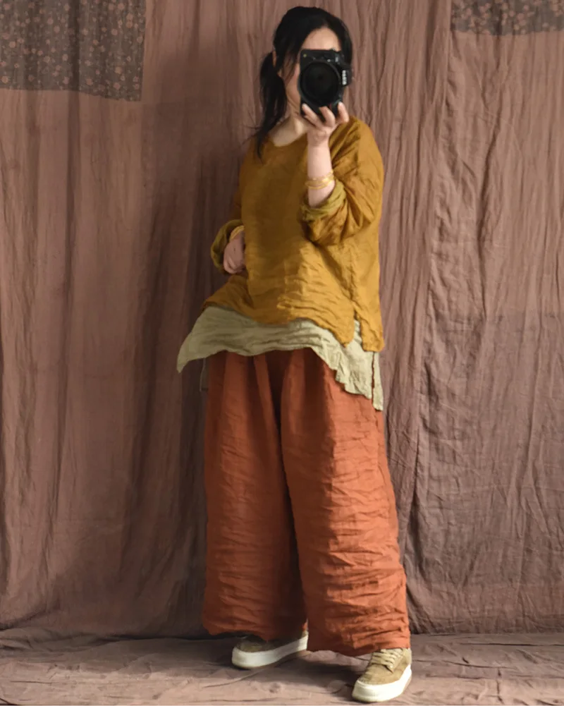 Johnature Women Linen Vintage Wide Leg Pants Elastic Waist Solid Color Trouser 2025 Spring New Loose Pockets Women Long Pants